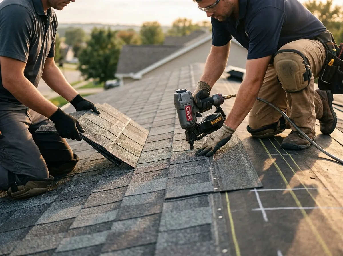 Professional roofer working on a residential roof in Erwin